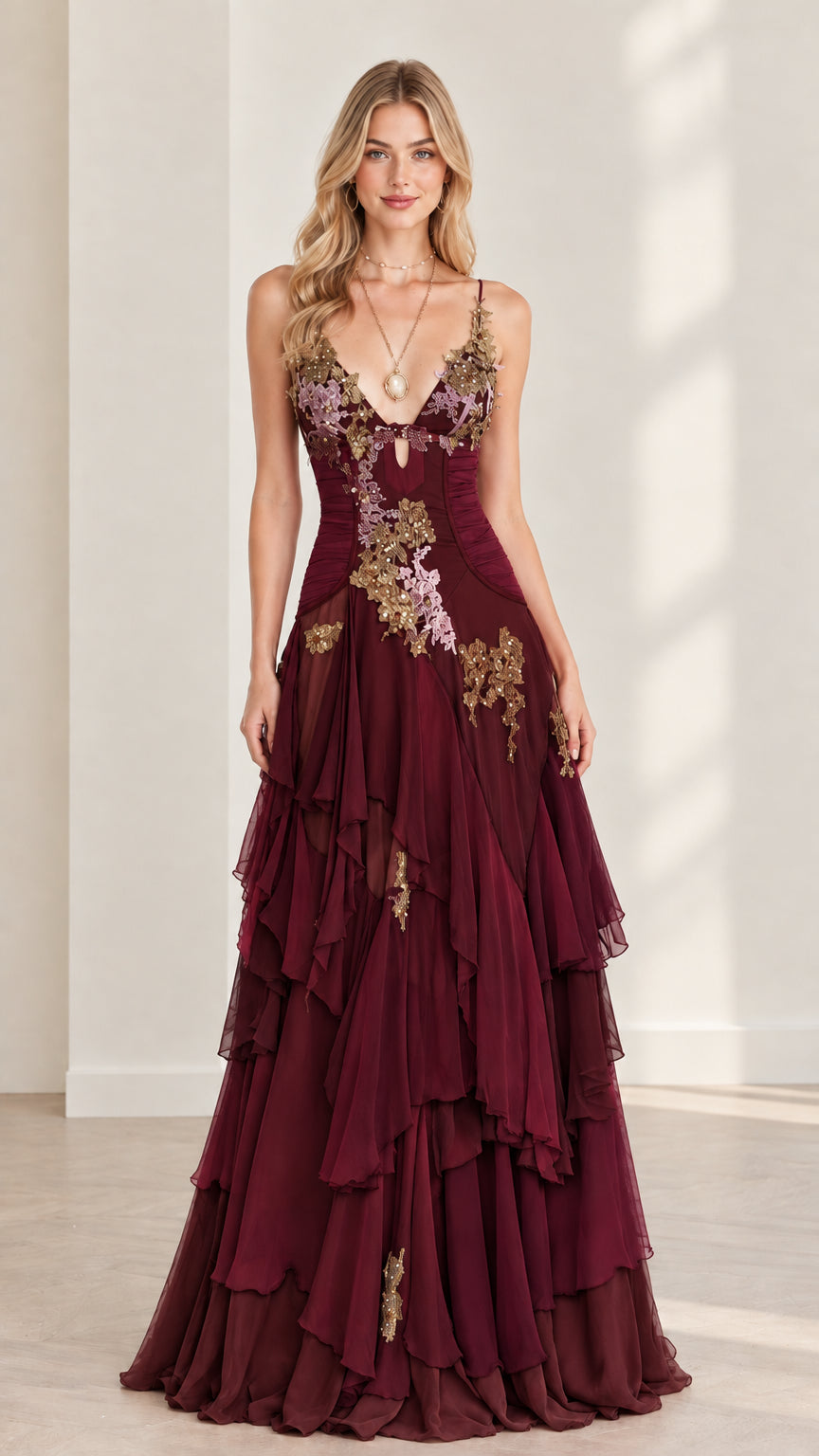 Model wearing deep burgundy wine embroidered tiered maxi dress