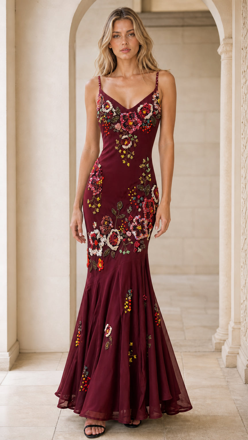 Burgundy wine red floral embroidered beaded mermaid gown front view