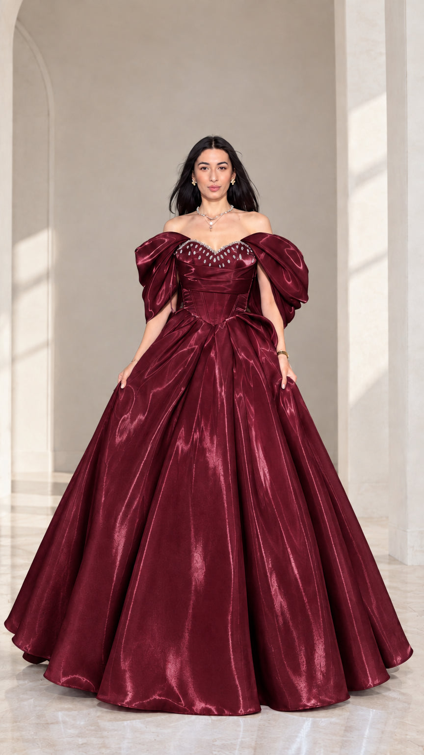 Front view of model wearing rich burgundy off-shoulder beaded corset ball gown