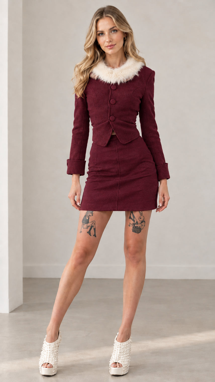 Model wearing burgundy cropped jacket with matching skirt and faux fur collar