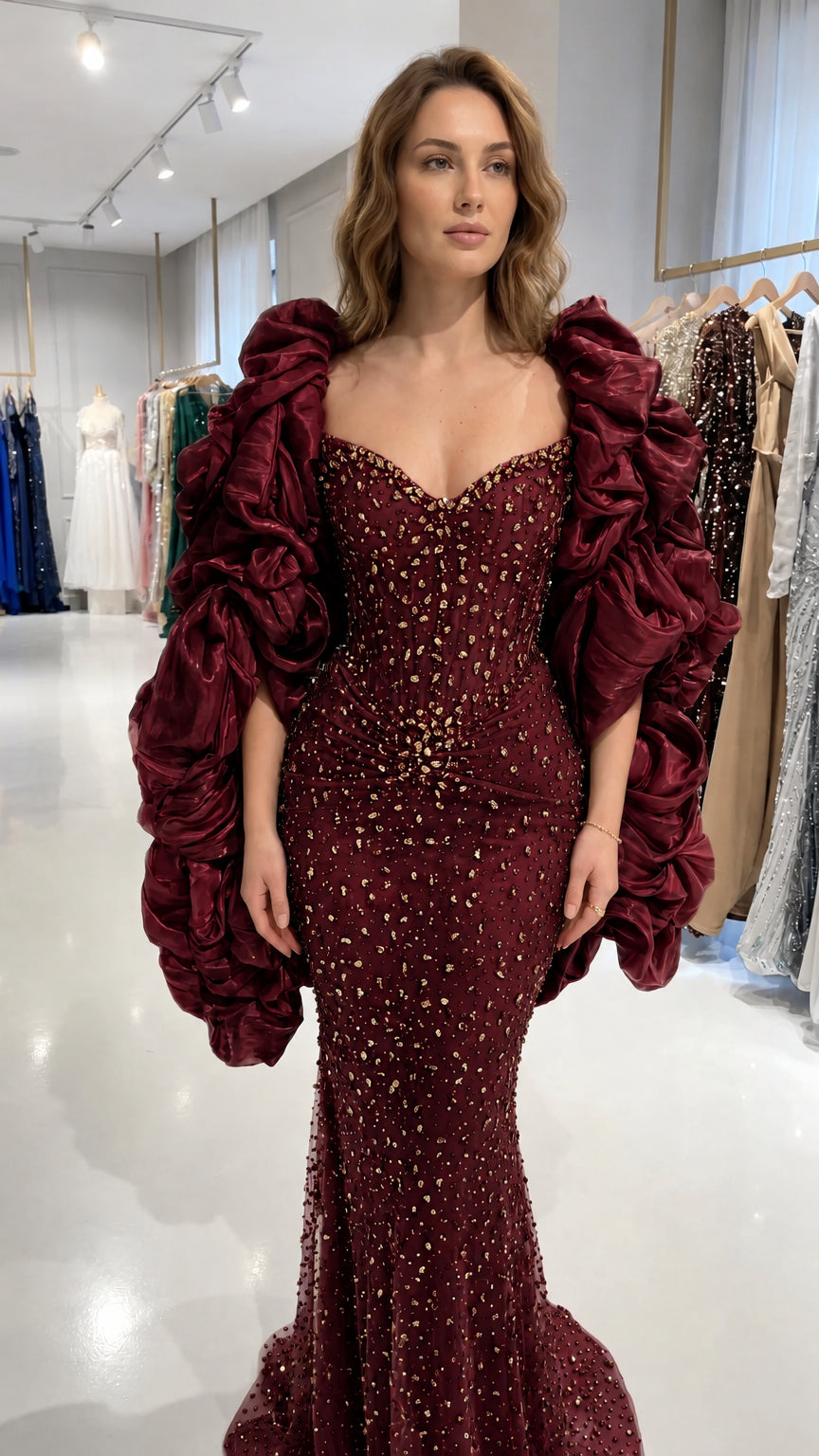 Burgundy wine red sweetheart embellished mermaid evening gown with sparkling beading and ruffle sleeves on model front view