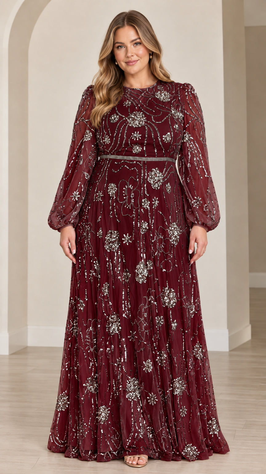 Burgundy wine long sleeve sequin embellished formal maxi dress front view