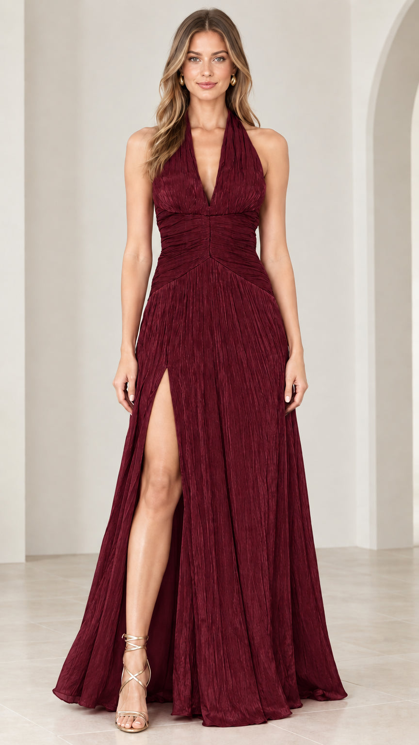 Full front view of the halter neck pleated maxi evening gown in rich burgundy wine red