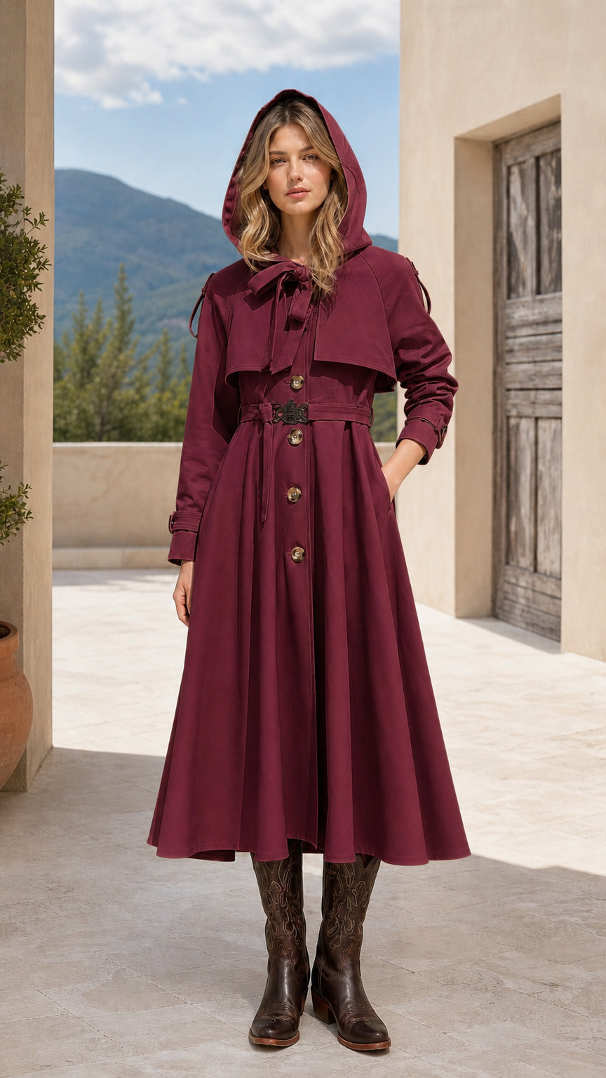 Front view of burgundy wine red hooded A-line belted trench coat