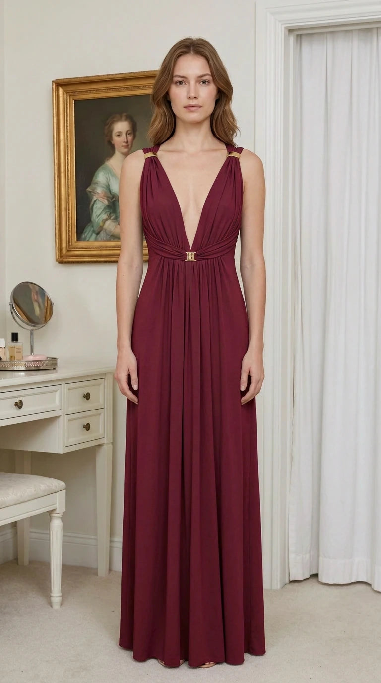 Front view of model wearing burgundy wine red deep V-neck pleated empire maxi dress