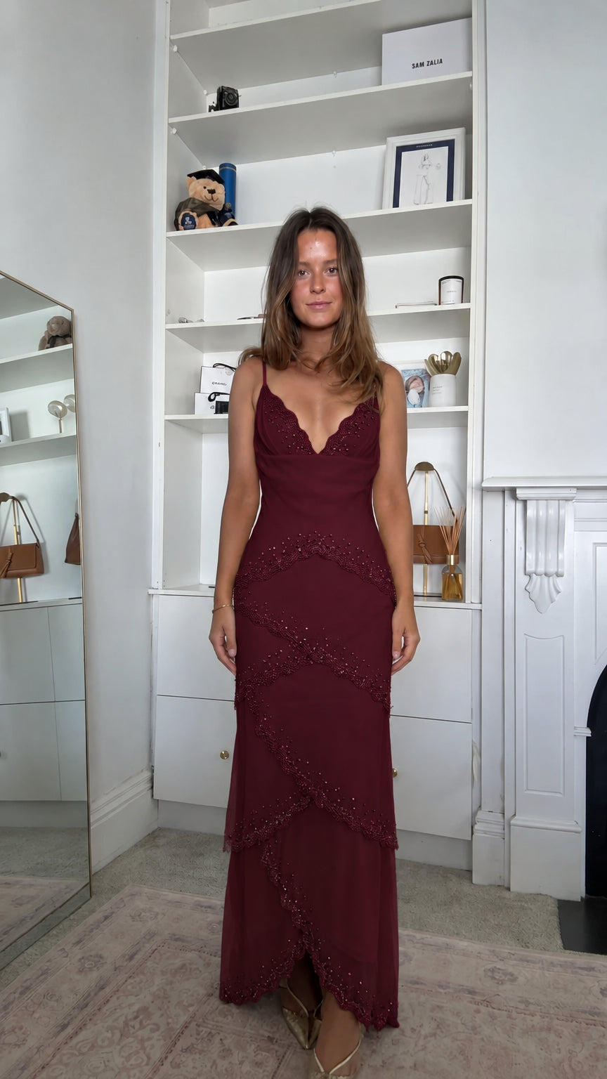 Front full-length view of the Burgundy Beaded Scalloped Tiered Maxi Slip Dress