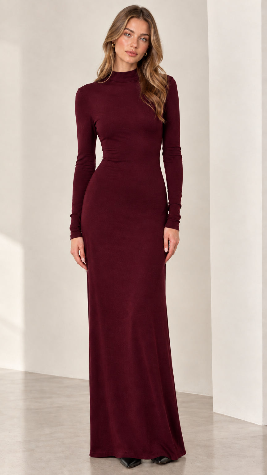 Front view of model wearing burgundy wine long sleeve mock neck maxi dress