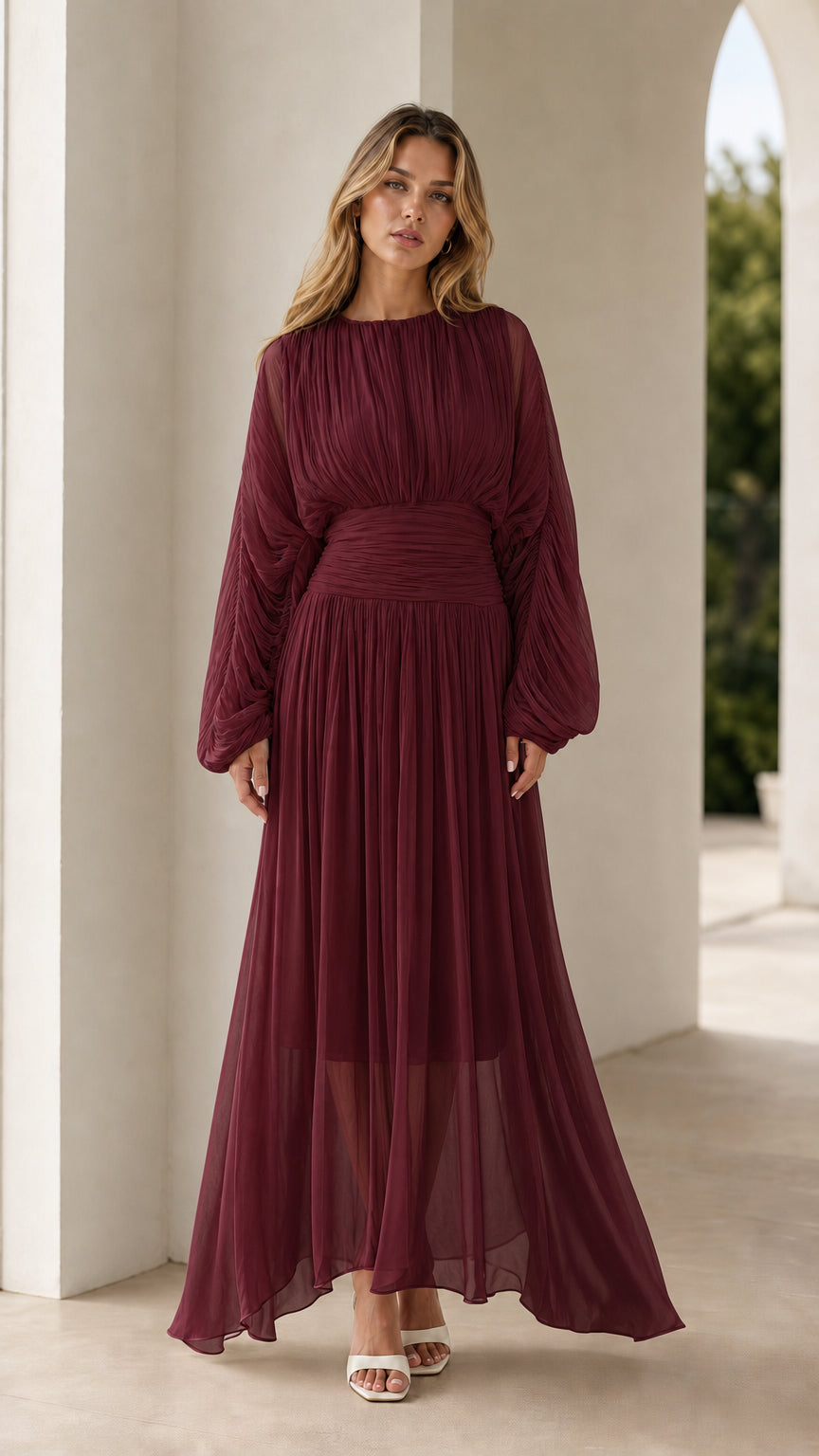 Burgundy wine red pleated long sleeve maxi dress