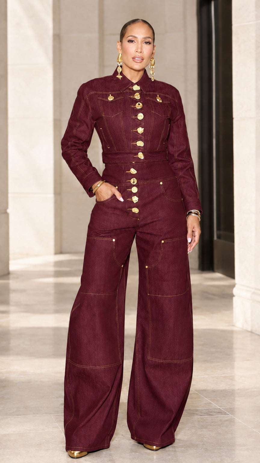Burgundy wine red button-front wide leg denim jumpsuit