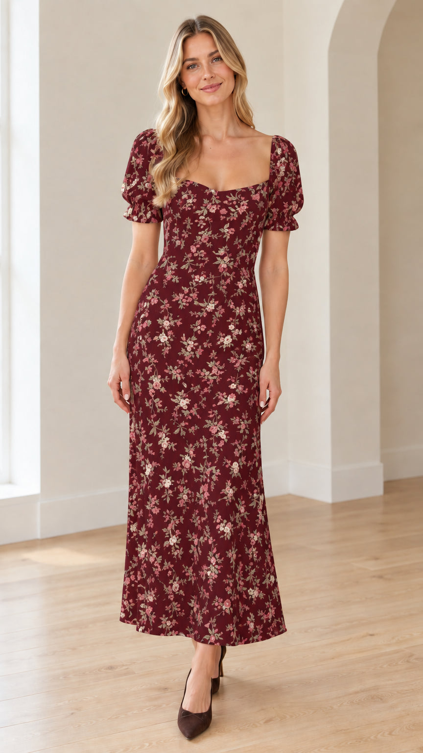 Burgundy floral sweetheart puff sleeve maxi dress front view on model