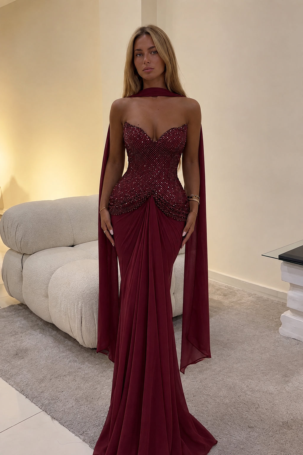 Burgundy wine red beaded sweetheart formal gown with draped cape scarf