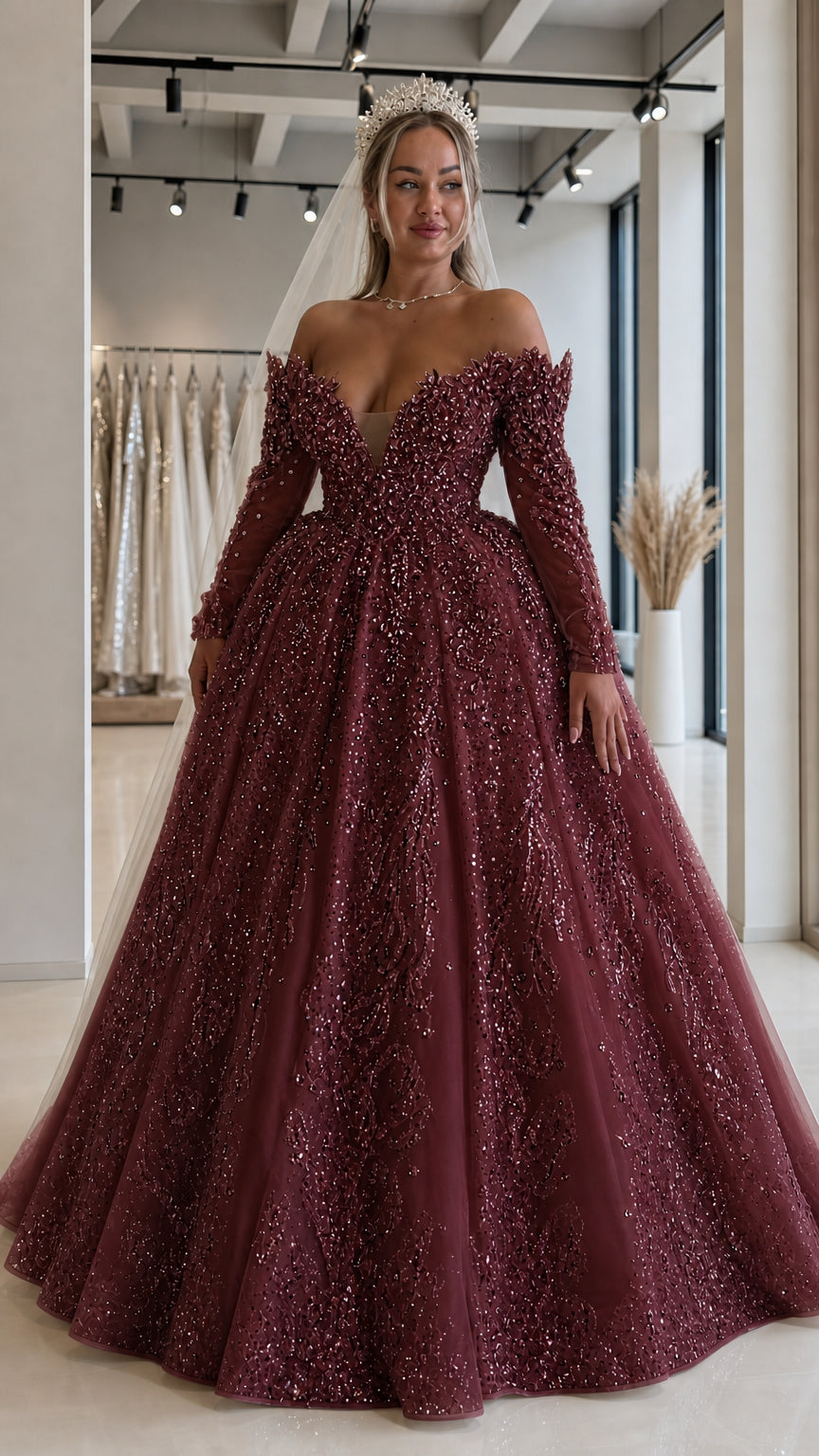 Front view of burgundy wine red off-the-shoulder sequined ball gown dress