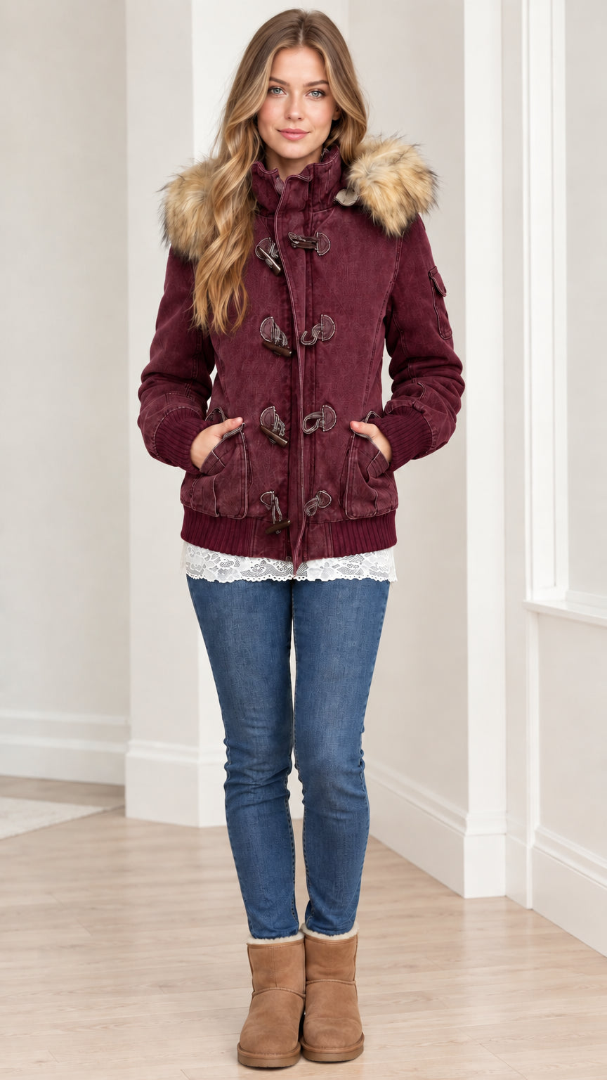 Full front view of women's burgundy red hooded parka jacket with faux fur trim