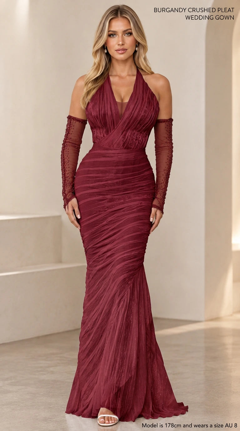 Burgundy wine pleated ruched halter mermaid evening gown with sheer sleeves