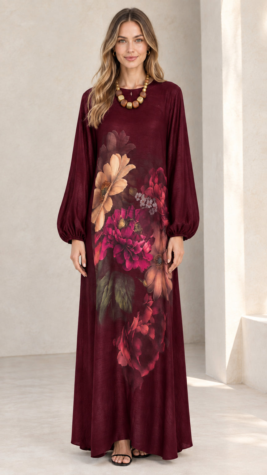 Burgundy floral print modest maxi dress front view