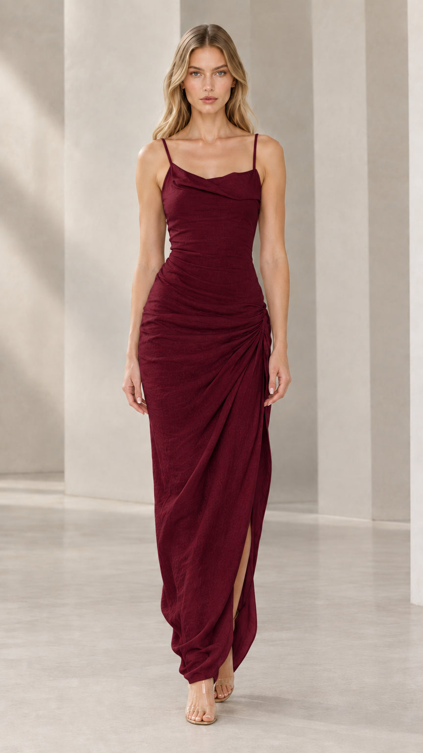 Front full-length view of model wearing burgundy wine red cowl neck ruched maxi slip dress