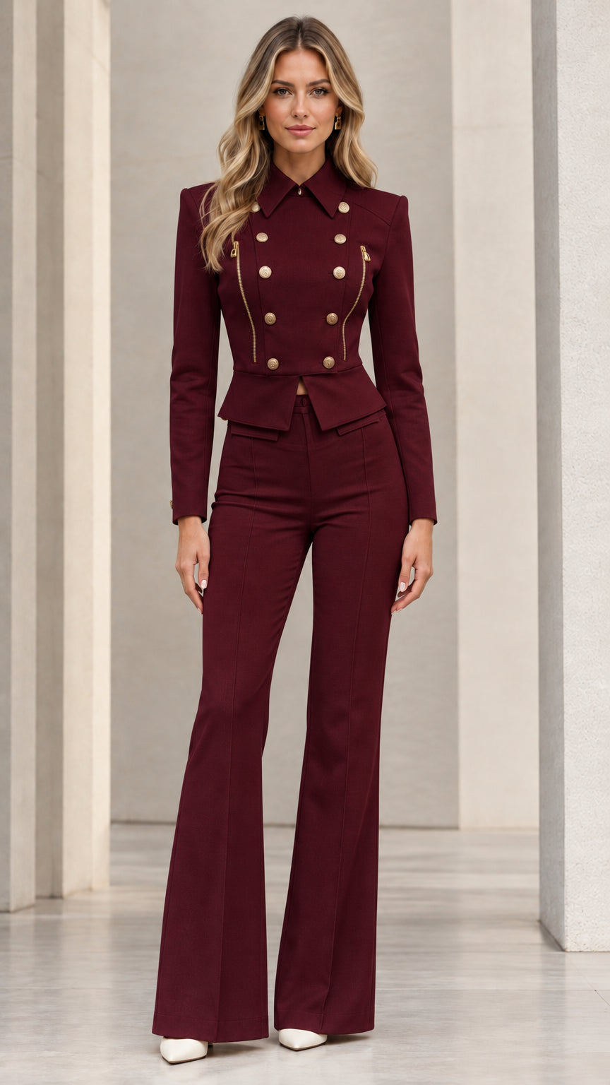 Model wearing deep burgundy red cropped blazer and flare pants 2-piece set
