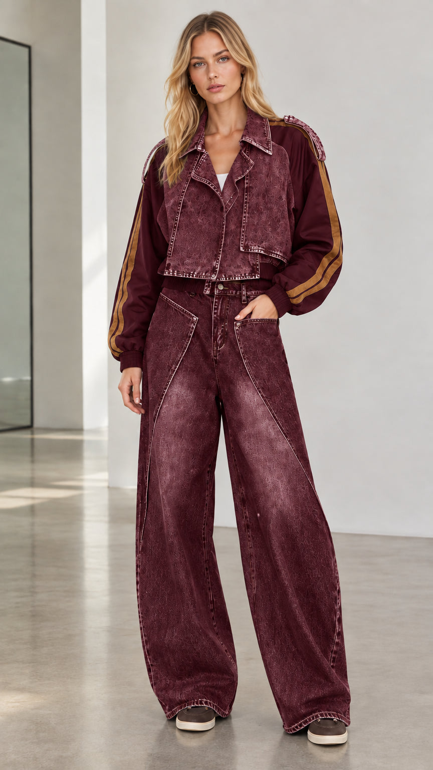 Model wearing burgundy washed denim cropped jacket and wide-leg pants two-piece set