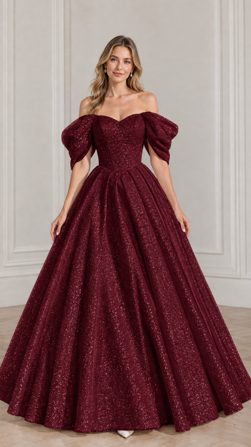 Full-length front view of model wearing burgundy red glitter off-the-shoulder puff sleeve ball gown