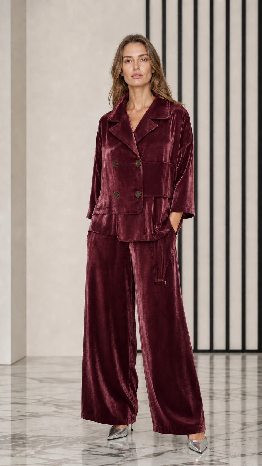 Model wearing rich Burgundy wine red velvet jacket and pant set