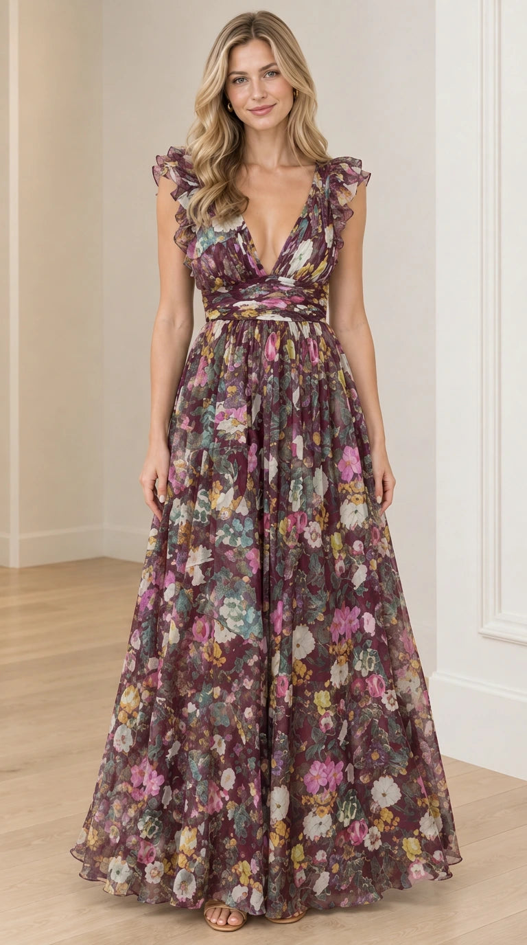 Model wearing burgundy plum floral floor-length evening dress
