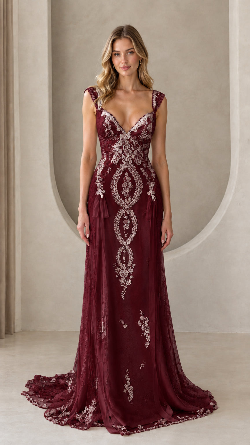 Full-length front view of model wearing burgundy red embroidered lace maxi evening gown