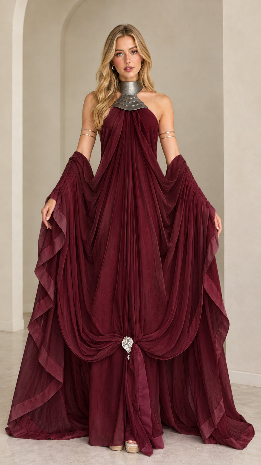 Front full view of draped halter maxi dress in rich burgundy