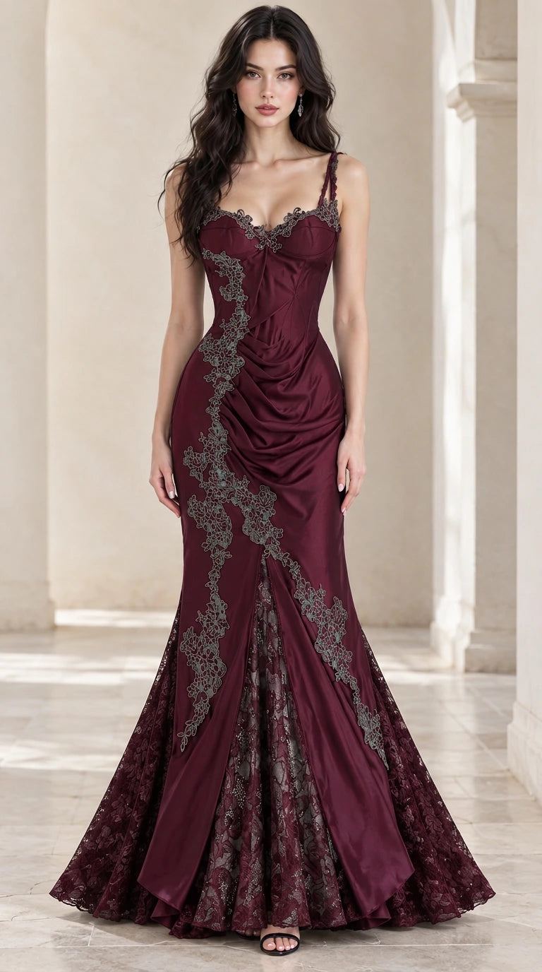Front view of model wearing Burgundy embroidered lace satin mermaid gown