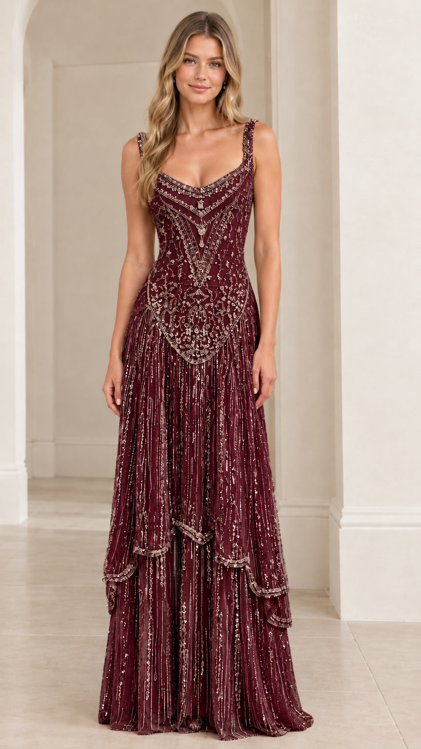 Front view of model wearing Burgundy embellished scoop neck evening gown