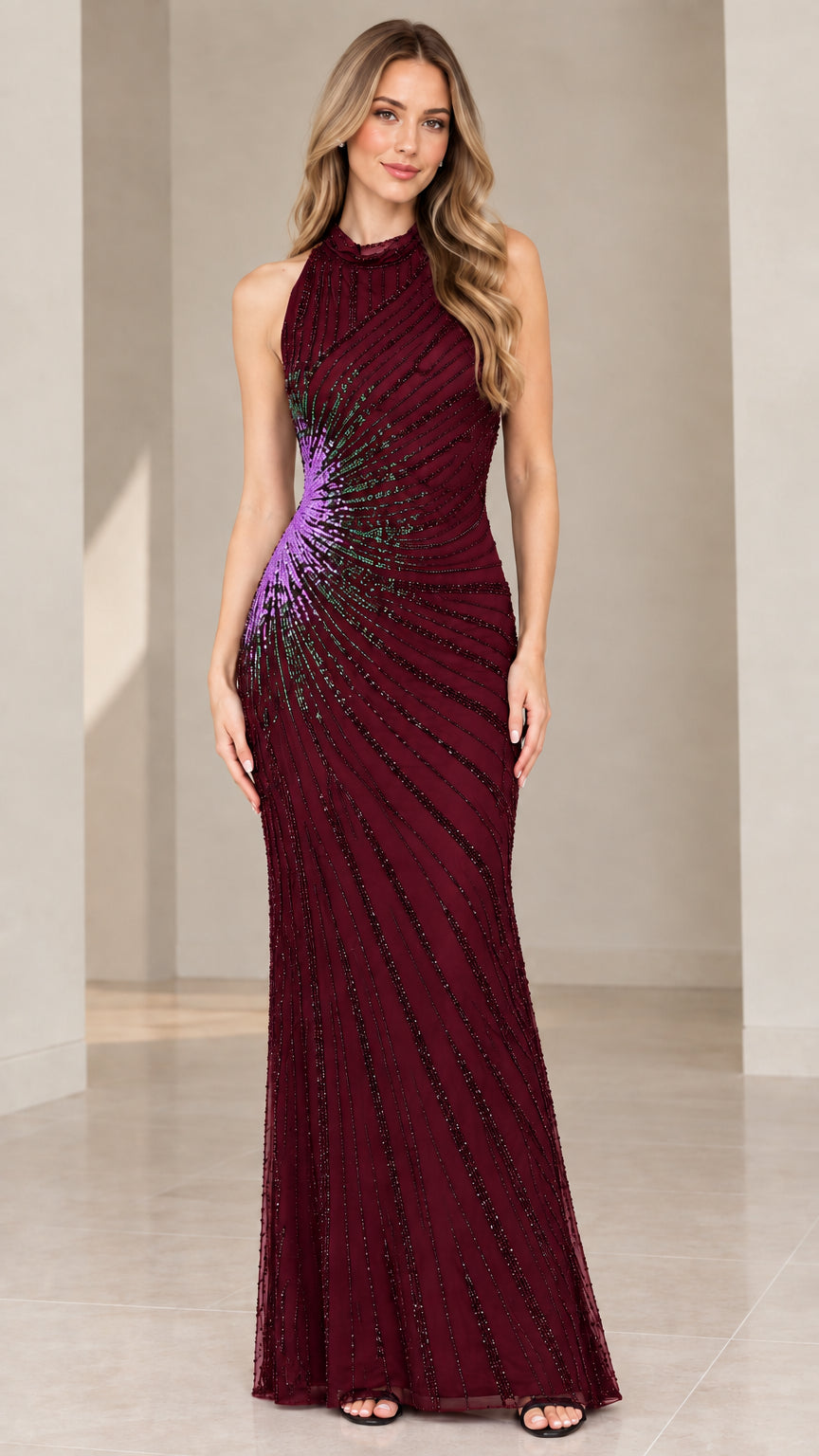 Front full view of burgundy wine halter beaded maxi evening dress with purple accent