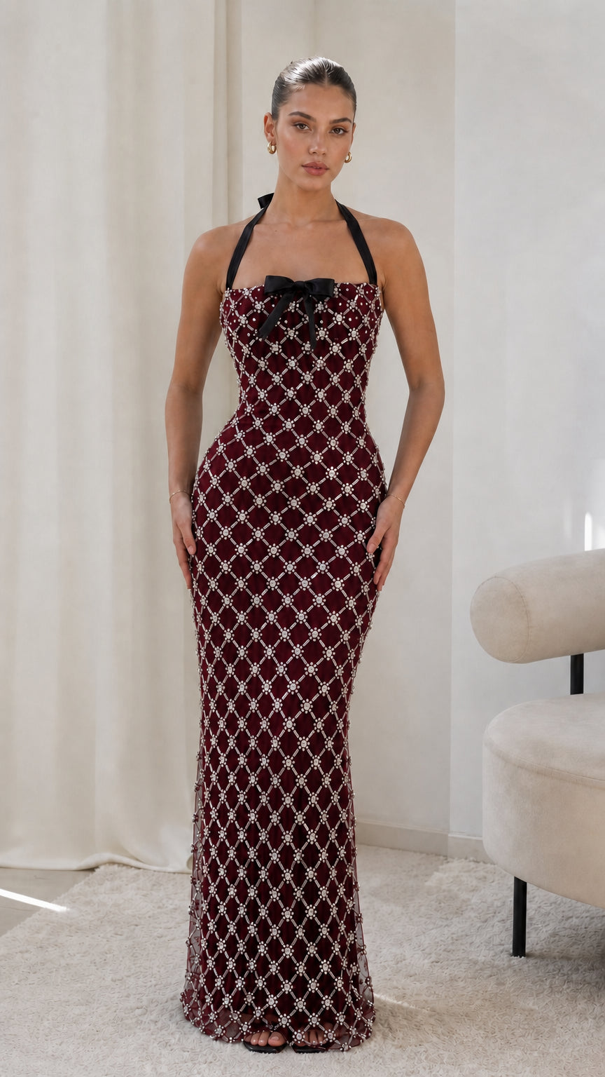 Model wearing burgundy wine red embellished lattice halterneck maxi dress