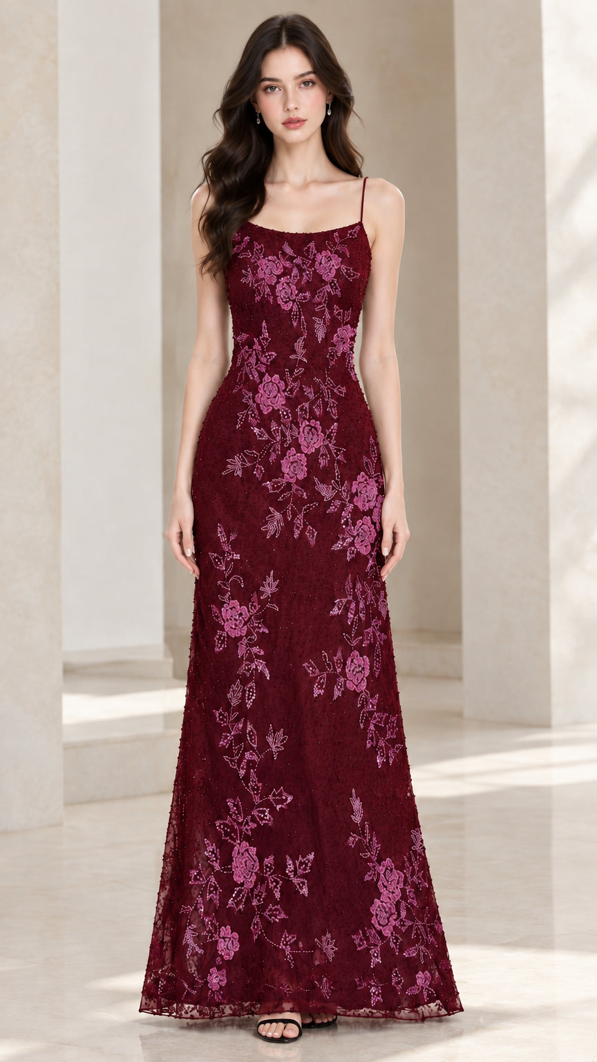 Front view of burgundy wine red floral sequin maxi evening dress