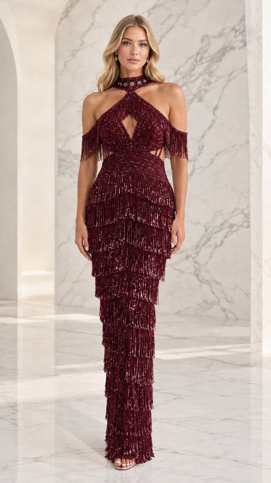 Front view of burgundy wine red beaded fringe evening gown on model
