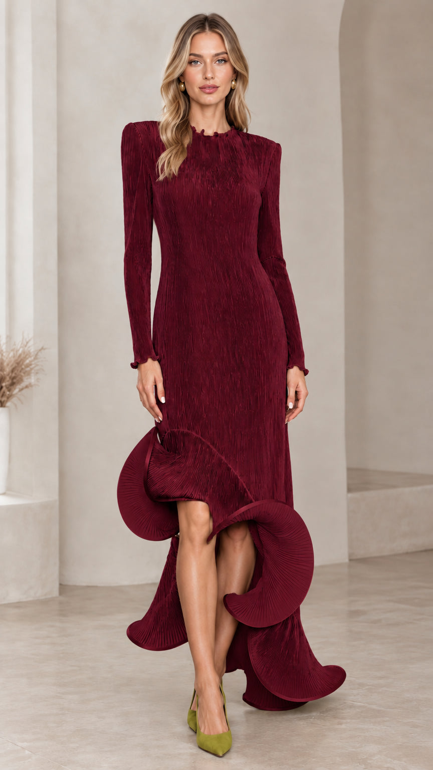 Full front view of the burgundy wine pleated long sleeve asymmetrical ruffle hem maxi dress