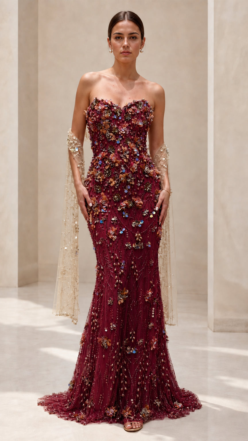 Burgundy wine red strapless 3D floral beaded mermaid maxi gown