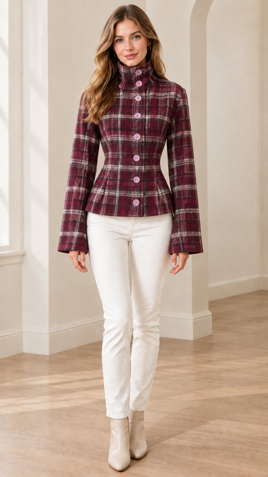 Front view of model wearing burgundy wine plaid high-neck peplum jacket