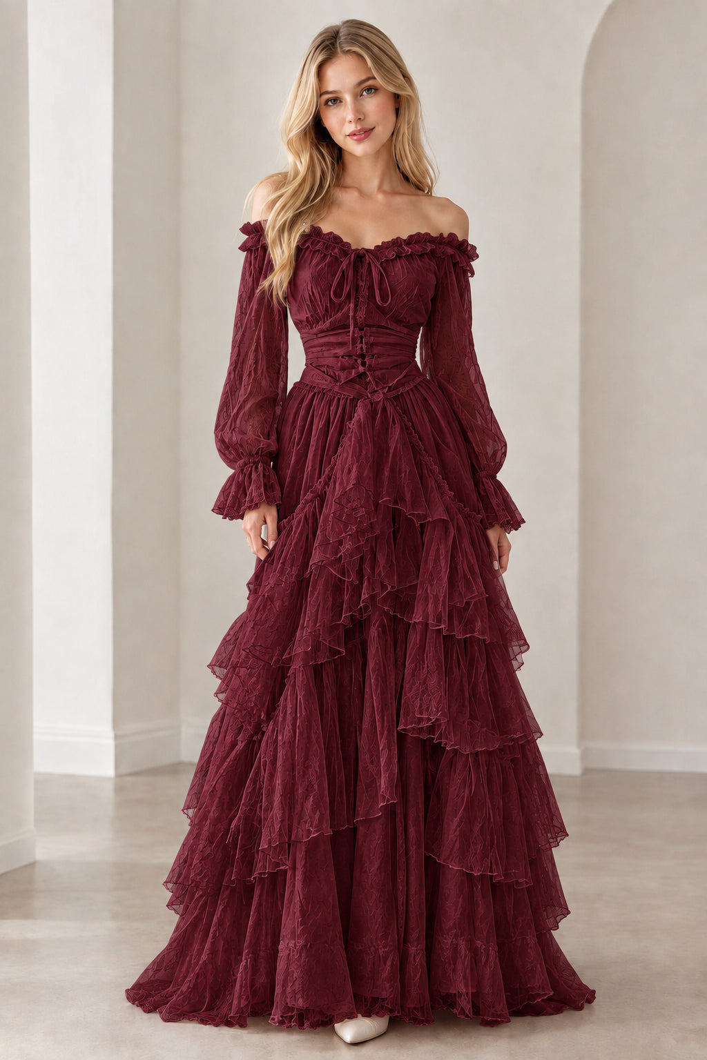 Burgundy wine red corset tiered maxi dress