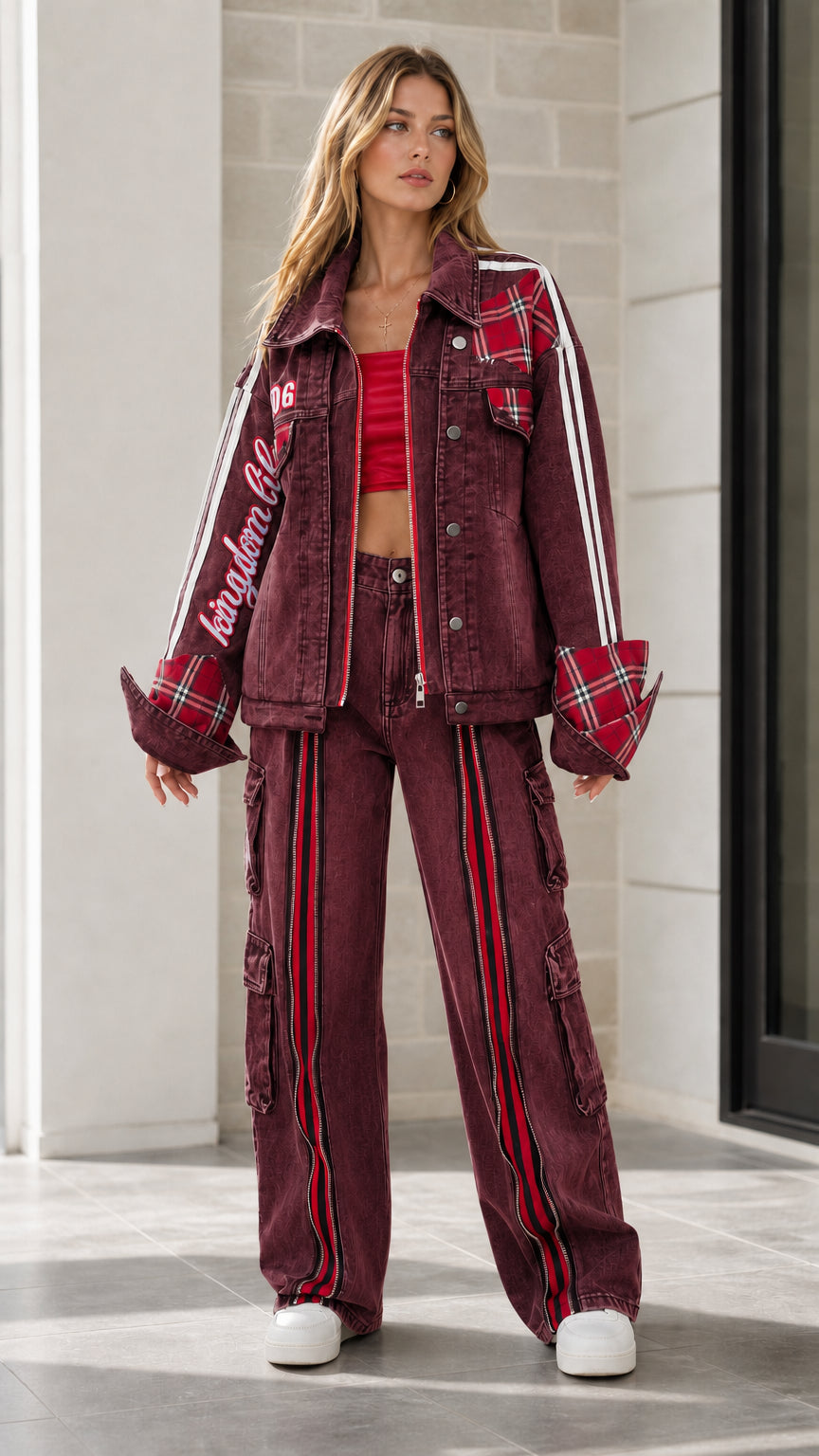 Model wearing Burgundy red-washed denim jacket and cargo pants set with tartan accents