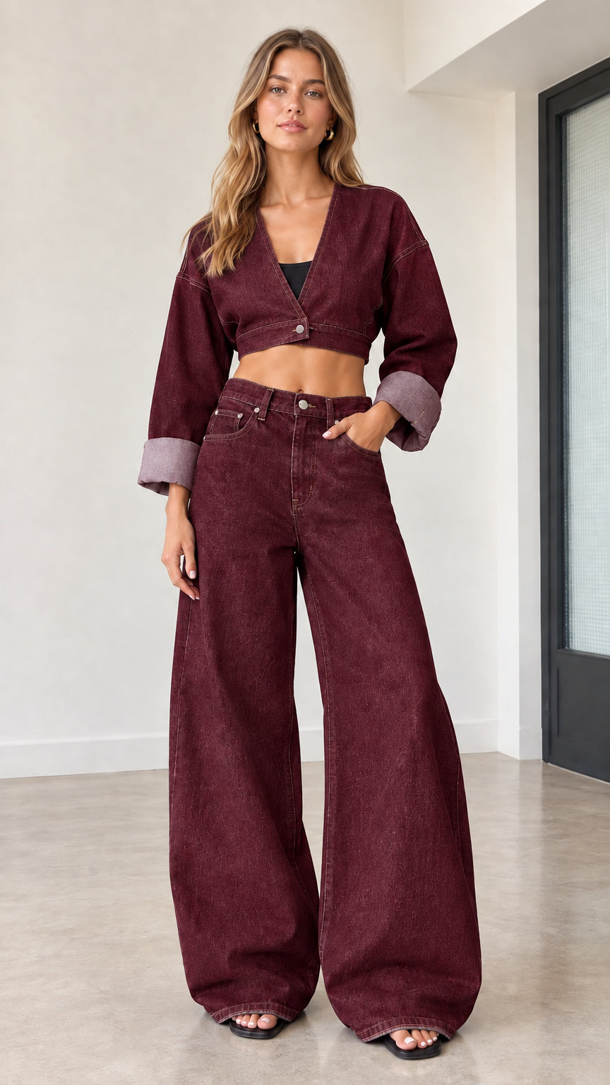 Model wearing burgundy wine cropped denim top and wide-leg jeans set