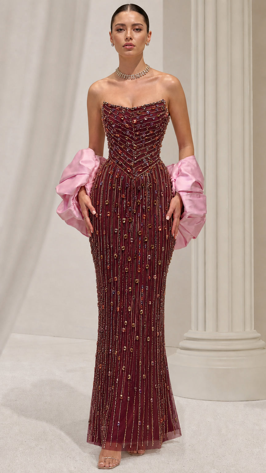 Burgundy wine strapless crystal embellished evening gown with pink statement sleeves