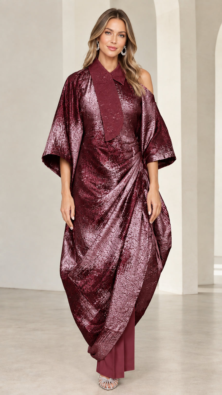 Front view of deep wine red metallic shimmer draped kaftan and trouser set
