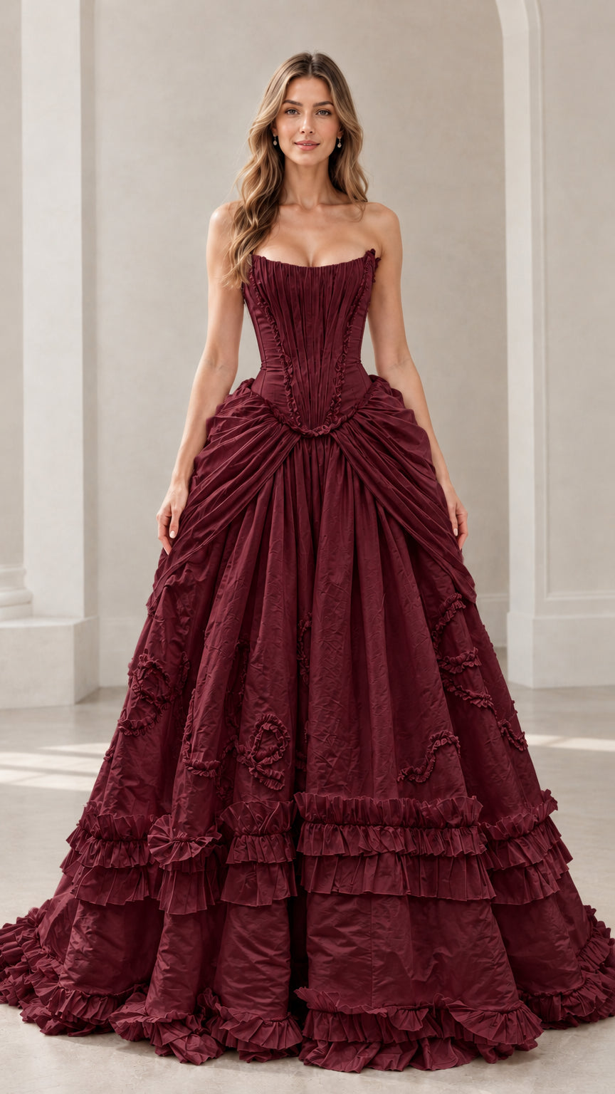 Model wearing burgundy red strapless corset ball gown with tiered ruffle skirt