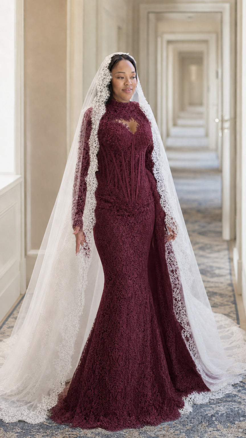 Burgundy wine lace mermaid formal dress with corset bodice and sheer sleeves