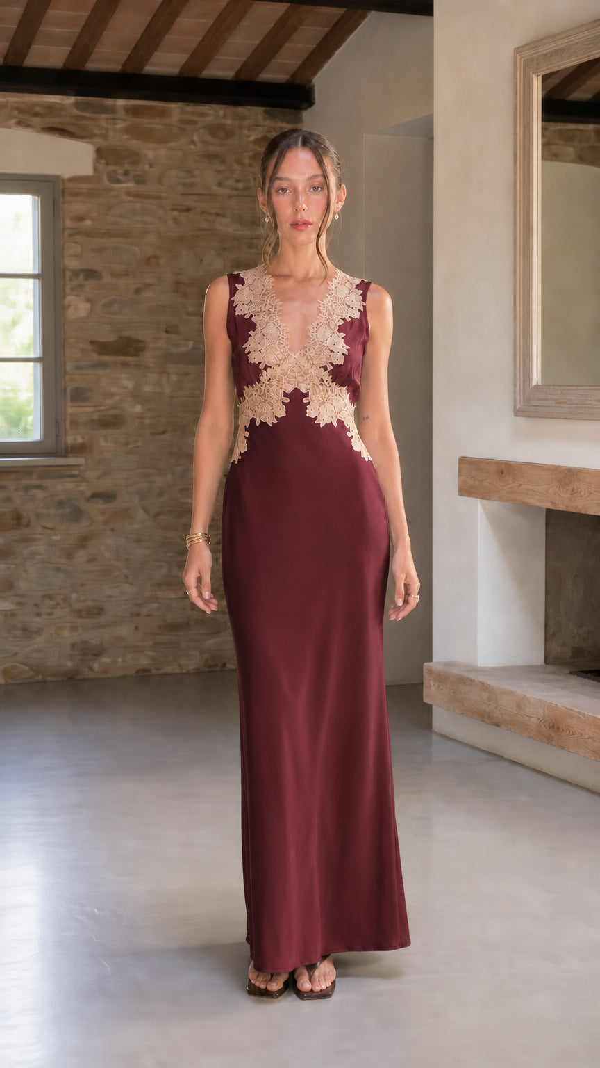 Full-length front view of burgundy wine red satin maxi dress with champagne lace