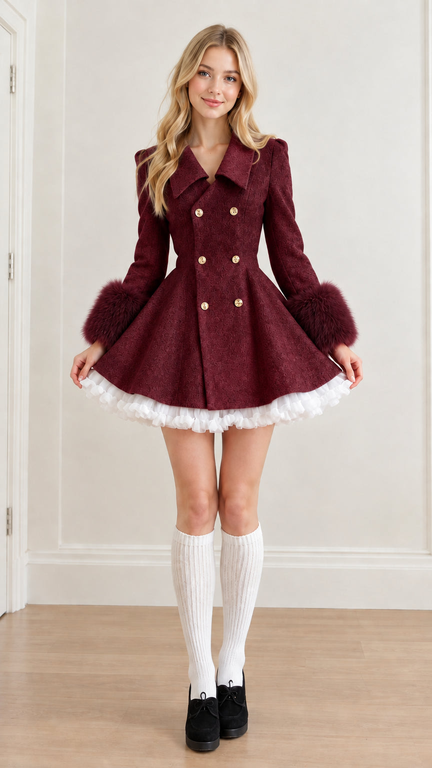 Front view of burgundy double breasted swing coat dress with rich wine faux fur cuffs