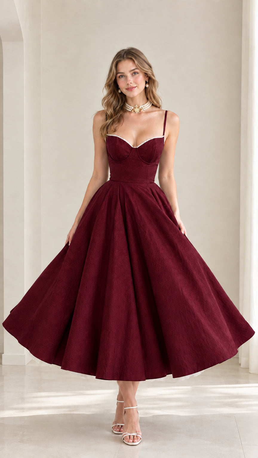Model wearing burgundy red boned corset top and flared swing skirt set
