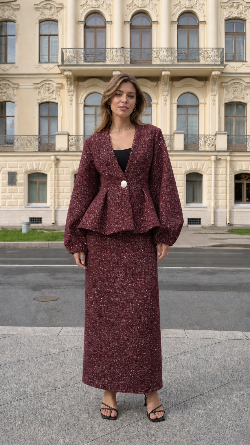 Front view of model wearing burgundy wine red tweed peplum jacket and maxi skirt set