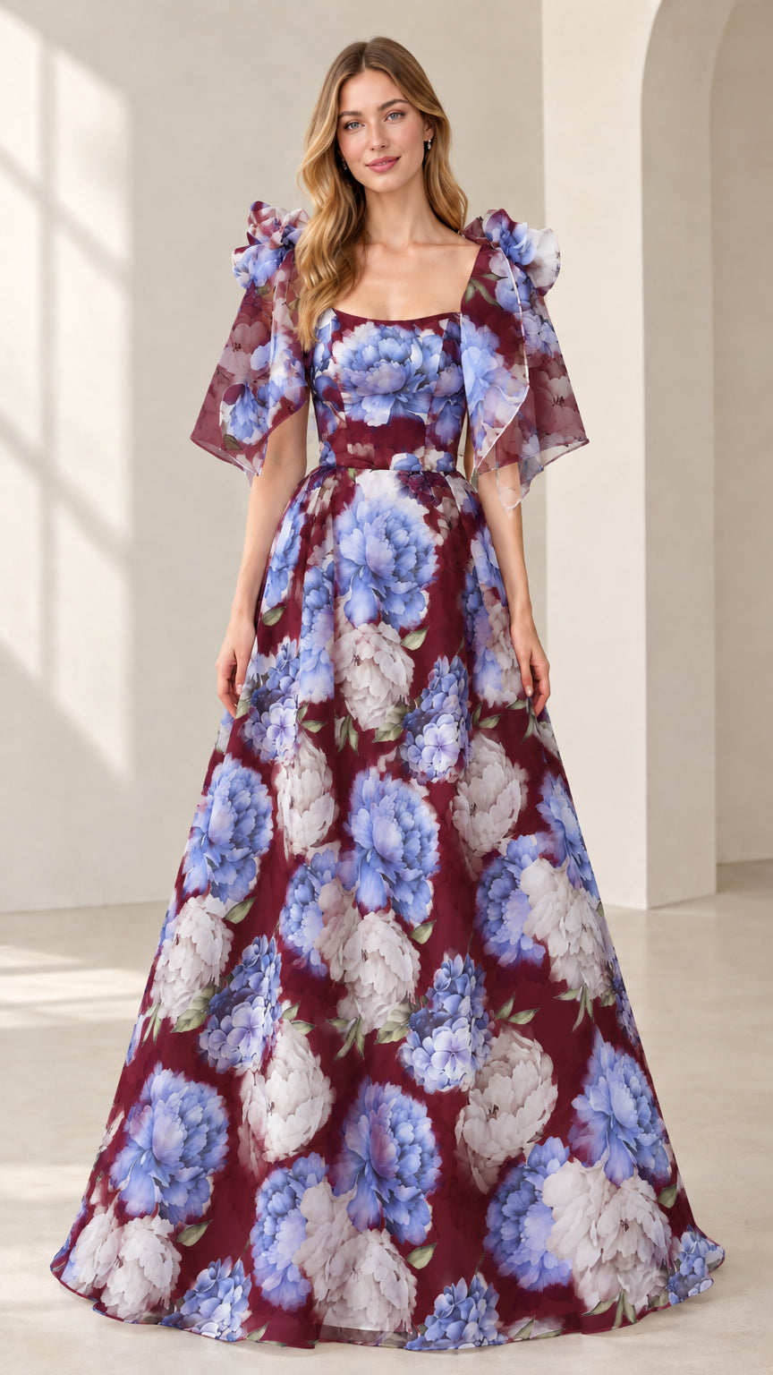 Model wearing burgundy floral print flutter sleeve A-line maxi evening gown