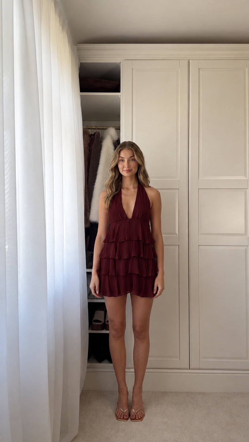 Front view of woman wearing burgundy wine halter neck tiered ruffle mini dress