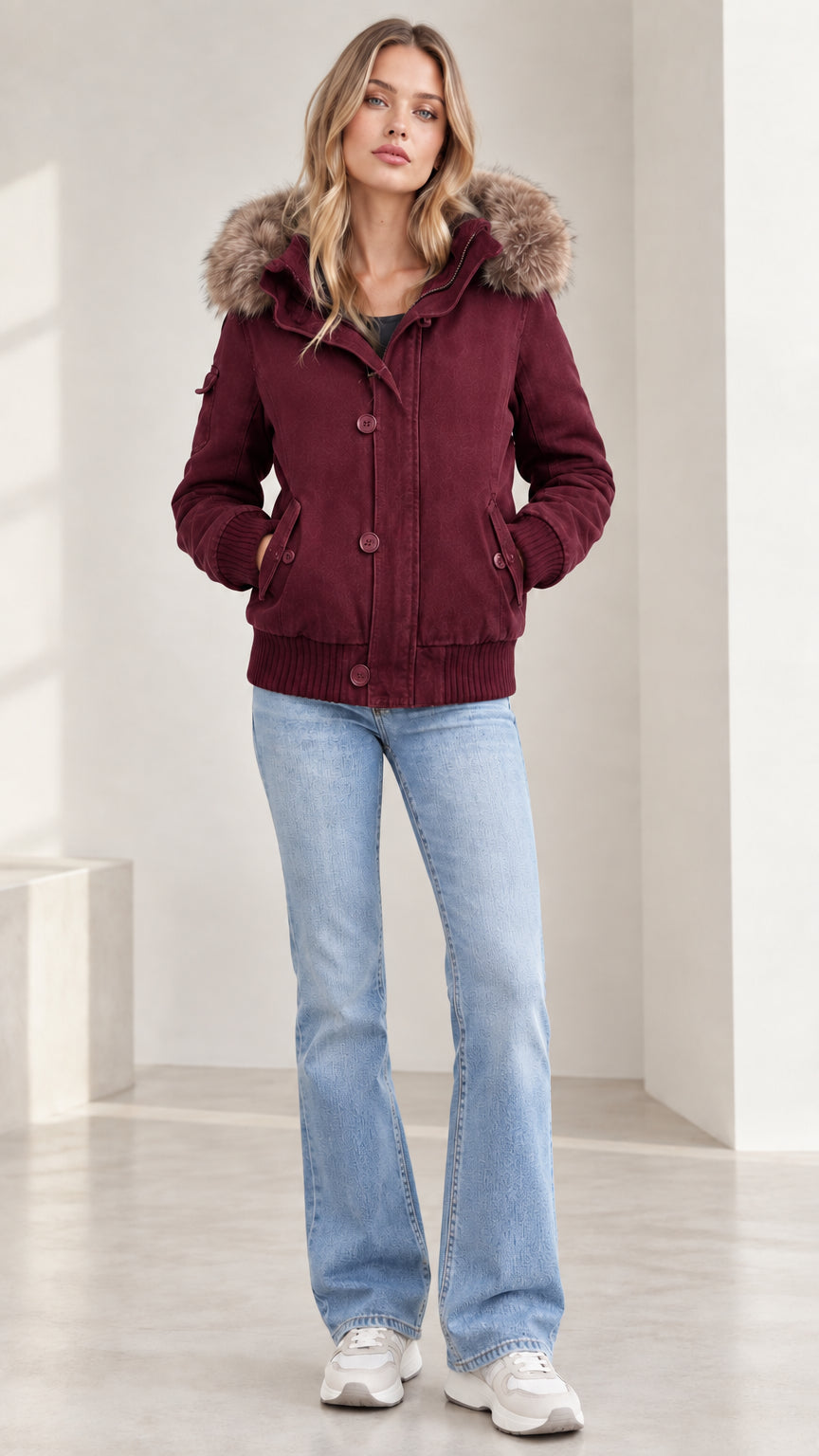 Front view of model wearing burgundy hooded winter bomber jacket with faux fur trim